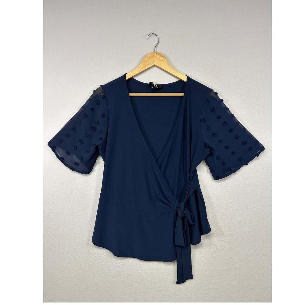 Romantic Flower & Feather Womens LG Navy Blue Swiss Dot Sleeve Wrap Top Blouse
